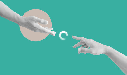 Digital collage modern art. Helping and rescue hand with loading icon