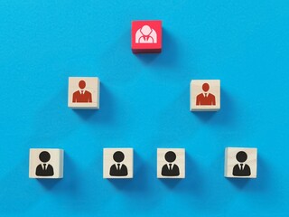 Successful team leader and management concept. Wooden cube block with people icon pyramid structure.