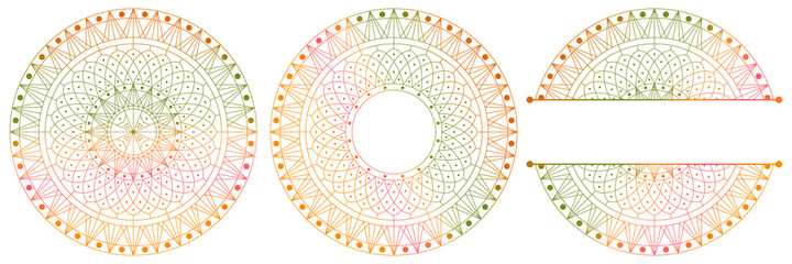 Set of flower mandalas. Split pattern in form of mandala for Henna Mehndi or tattoo decoration. Decorative ornament in ethnic oriental style, vector illustration.