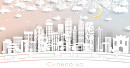 Chongqing China City Skyline in Paper Cut Style with White Buildings, Moon and Neon Garland.