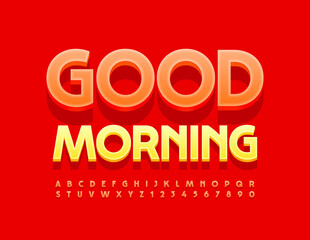 Vector Colorful Card Good Morning.  Modern Red Font. Creative Alphabet Letters and Numbers set