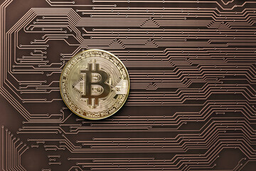 Gold bitcoin coin on brown circuit board background