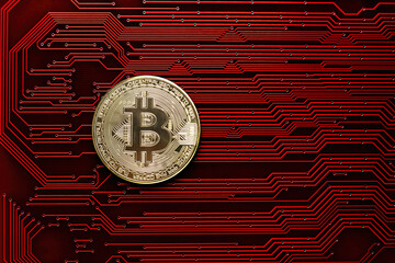 Gold bitcoin coin on a red circuit board background