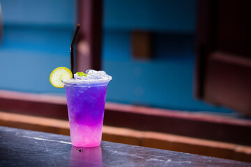Butterfly pea or blue pea, Thai herb drink with lemon and honey.
