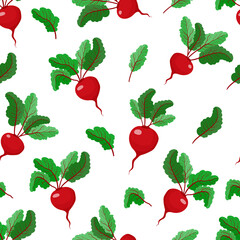 seamless pattern with beets. beet and leaf. vegetable pattern for kitchen textiles. stock vector illustration isolated on white background.