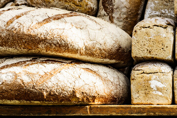 Many rustic fresh bread loaves