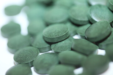 Green pills macro medical bio spirulina platensis algae family algaespace modern trendy space food high quality big size print
