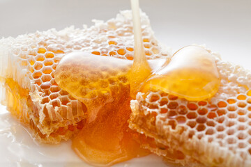 sweet honey pouring into honeycombs.