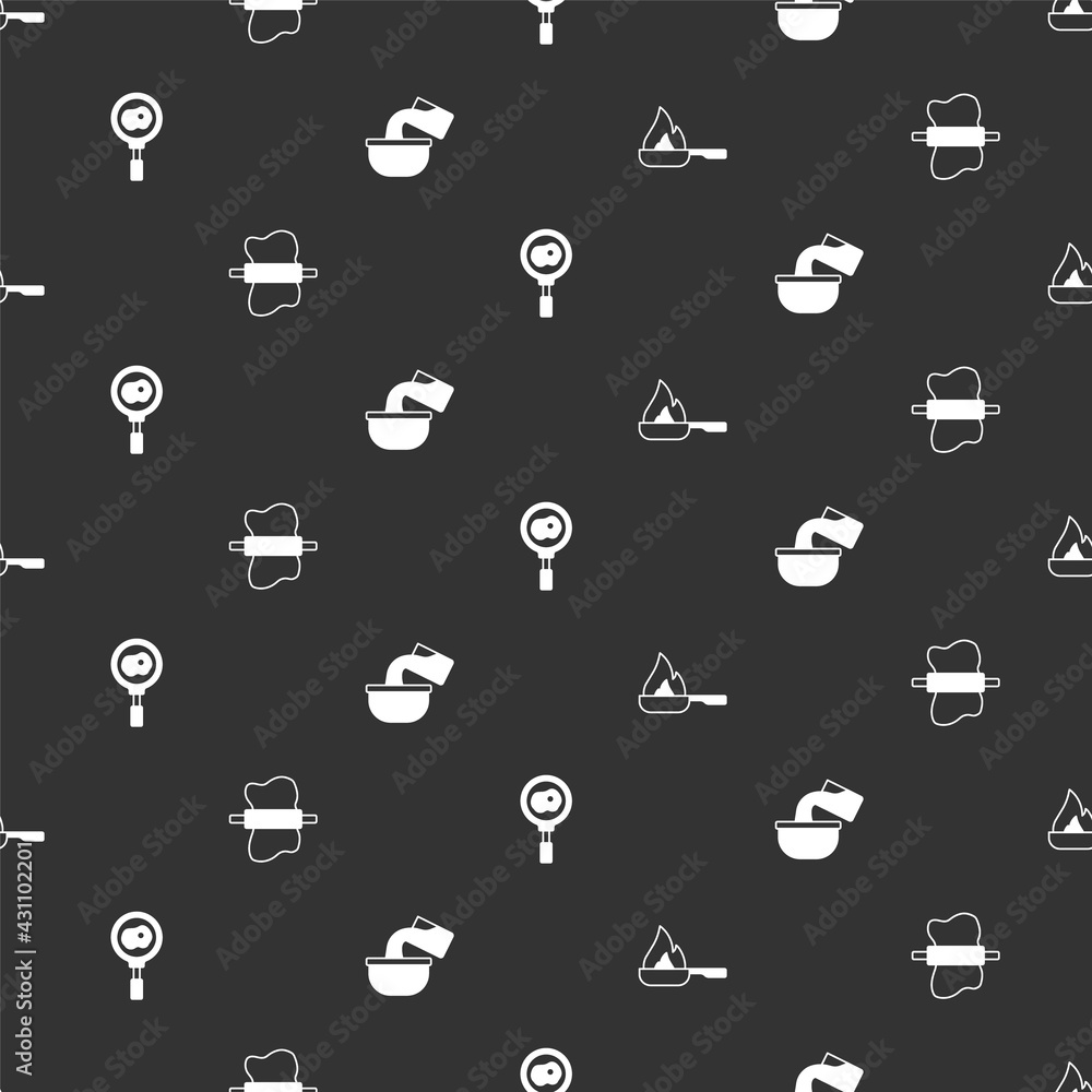 Poster set frying pan, rolling pin on dough, fried eggs frying and saucepan on seamless pattern. vector