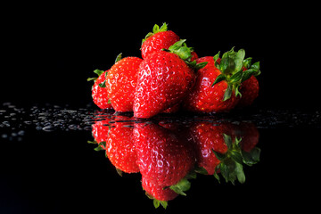 batch of strawberries with water drops on black reflected surface and black background