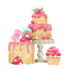 Watercolor illustration with cakes. Hand painted illustration for design, background, cards, postcards, decor.