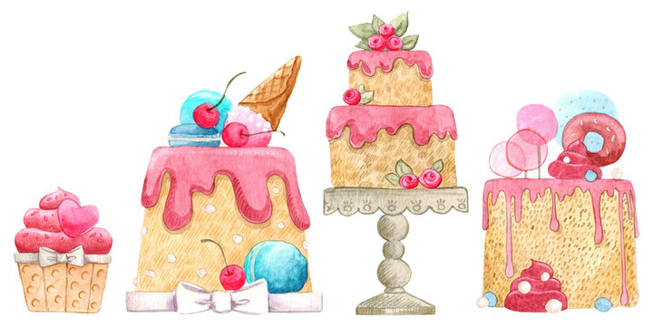 Watercolor illustration with cakes. Hand painted illustration for design, background, cards, postcards, decor.