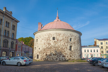 The old Round tower on the Market Square close-up on a October afternoon, Vyborg