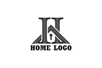 3D vector logo element with an illustration of the roof house, pillars and key holes forming the initials 