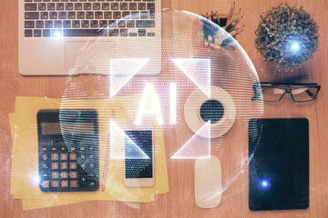 Double exposure of technology theme drawing over work table desktop. Top view. Global data analysis concept.