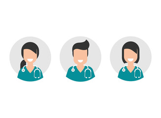 Man and woman doctor with stethoscope in grey circle. User avatar set isolated on white.