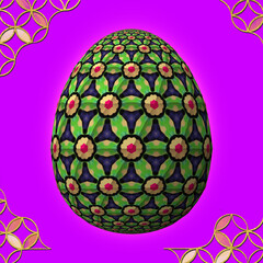 Happy Easter, Artfully designed and colorful 3D easter egg, 3D illustration on purple background with frame