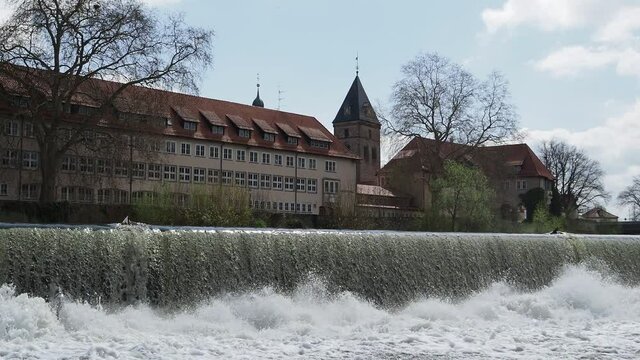 Waterfall on river Weser in city Hamelin in Germany