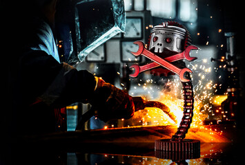 a welder in a factory makes a metal sculpture