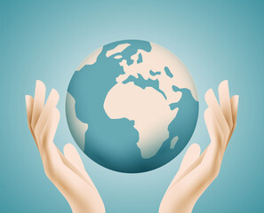 Globe Earth planet in human hands. Global environment or ecology or support concept. Vector illustration