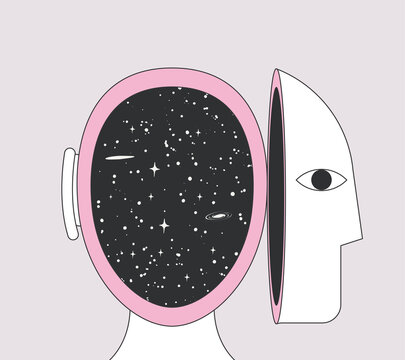 Inner World Or Inner Space Or Or Open Mind Or Self Exploring Or Imagination Metaphor Concept With Human Head And Space Inside It. Vector Illustration