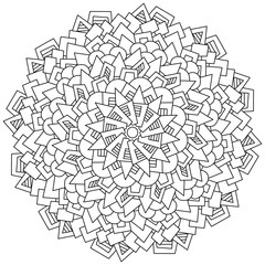 Abstract mandala of various geometric shapes, circle-shaped coloring page with various patterns