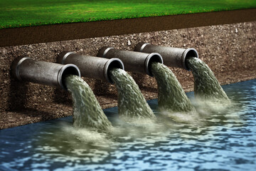Dirty water pouring into the water from sewer pipes. 3D illustration - obrazy, fototapety, plakaty