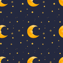 Seamless pattern with cute stars on dark, black background. Cosmic baby seamless pattern. High quality illustration