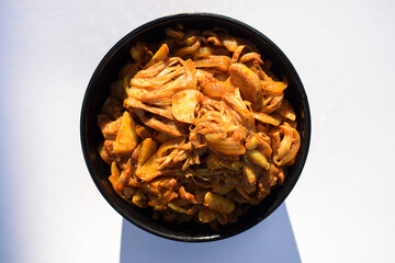 Jackfruit stir fry curry. Indian delicious side dish. authentic home cooked asian vegetable cooked