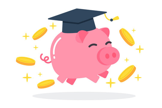 Happy pink piggy bank with graduation cap and floating golden coins. The creative concept idea of saving money for education. Simple trendy cute cartoon vector illustration. Flat style graphic icon.