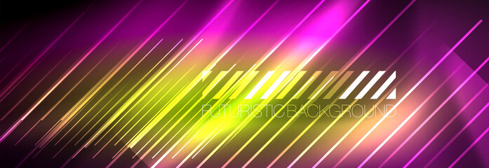 Neon glowing lines, magic energy and light motion background. Vector wallpaper template