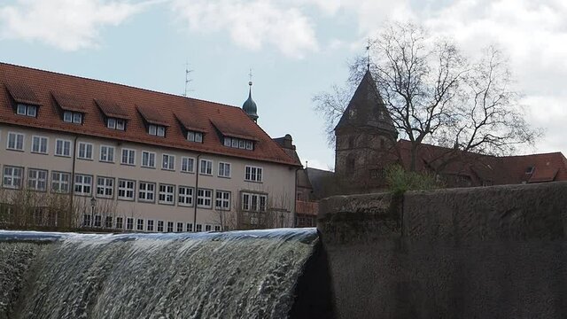 Waterfall on river Weser in city Hamelin in Germany