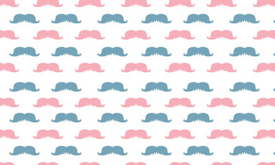 Pink and blue mustache vector seamless repeating pattern with white background. Greate as a textile print, fabric, wallpaper, background or packaging. Surface pattern design.