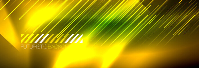 Neon glowing lines, magic energy and light motion background. Vector wallpaper template