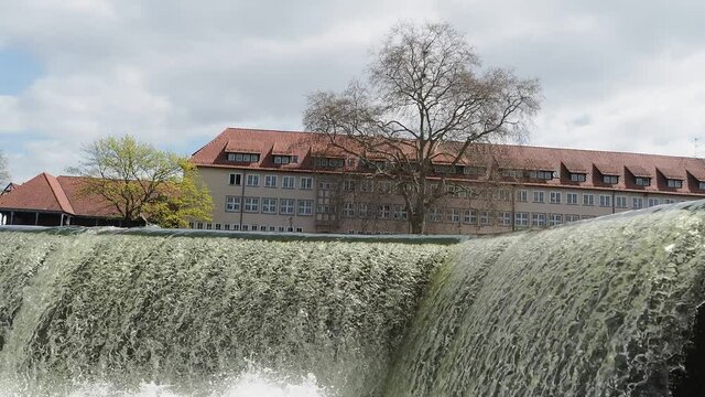 Waterfall on river Weser in city Hamelin in Germany