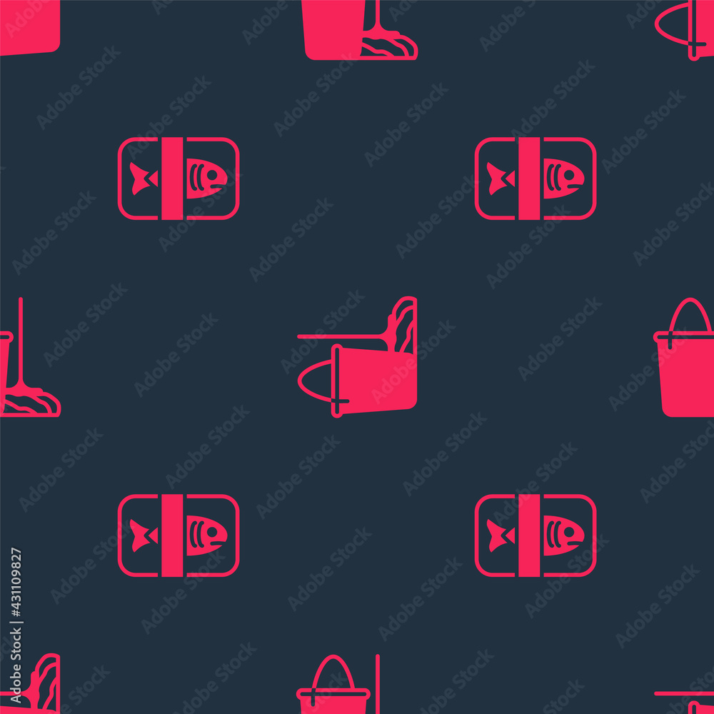 Poster set fish plastic tray container and mop and bucket on seamless pattern. vector
