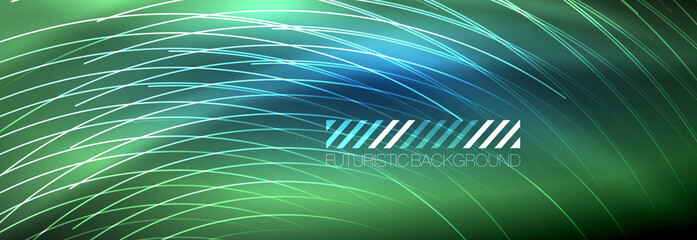 Neon glowing lines, magic energy and light motion background. Vector wallpaper template