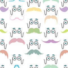 Mustache and goggle vector seamless repeating pattern with white background. Greate as a textile print, fabric, wallpaper, background or packaging. Surface pattern design.