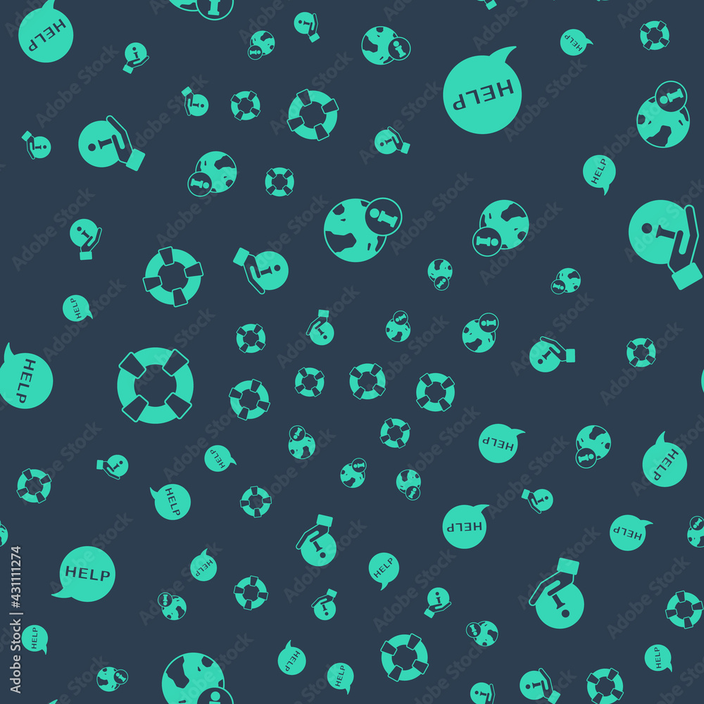 Poster set information, speech bubble with text help, lifebuoy and on seamless pattern. vector