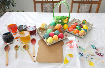 Dye or dying Easter eggs. Coloring and painting Easter eggs