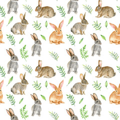 Watercolor seamless pattern with rabbits on white background