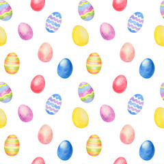 Watercolor easter pattern with easter eggs on white background
