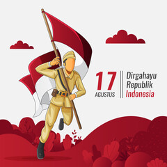Indonesian independence greeting card with soldier carrying indonesian flag
