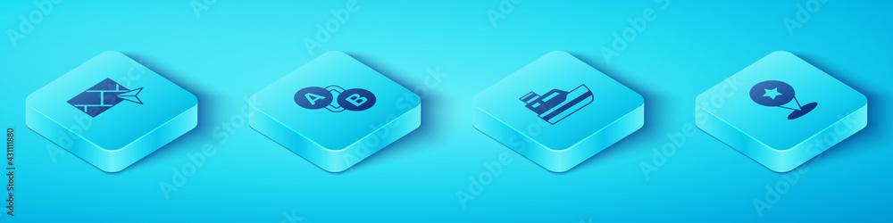 Poster set isometric city map navigation, route location, map pointer with star and ship line path icon. ve