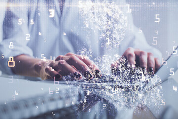 Double exposure of woman hands typing on computer and technology theme drawing. High Tech concept.