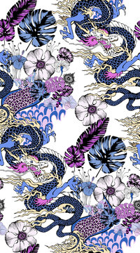 Seamless pattern of asian dragon and flowers. Vector illustration. Suitable for fabric, mural, wrapping paper and the like