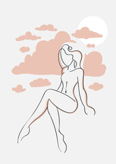 Line art. A naked girl sits with her knees bent and looks forward. The girl lies on the sand, sunbathes in the sun. Line drawing. Minimalism.  A girl without clothes sits with her legs crossed and her
