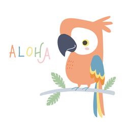 Vector illustration of cute parrot on branch. Hand drawn childish illustration of macaw character. Isolated on white background. © Torico