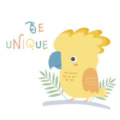 Vector illustration of cute tropical bird, parrot. Hand drawn cartoon character of Moluccan Cockatoo on branch. Isolated on white background.