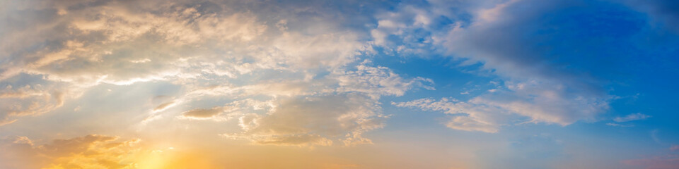Naklejka na ściany i meble Dramatic panorama sky with cloud on sunrise and sunset time. Panoramic image.